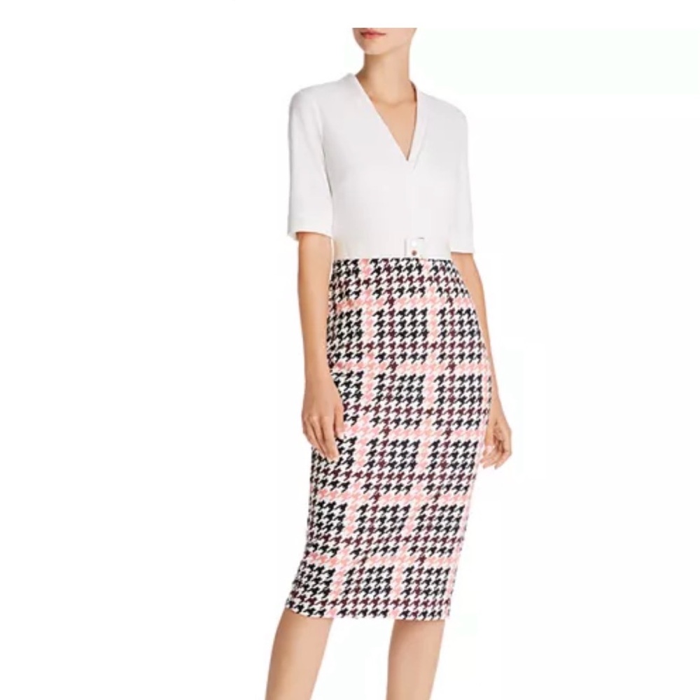 Ted Baker Pink and Black Houndstooth Pencil Skirt